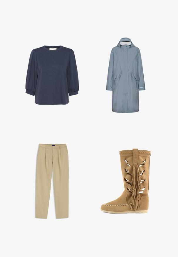 Impermeable largo azul claro con capucha, mangas largas, bolsillos con solapa y botones a presión, y cremallera frontal oculta por una tapeta con botones.; Top de manga corta color azul marino con escote redondo, que destaca por sus mangas abullonadas y un ajuste relajado. Tela suave con una textura lisa.; Pantalones beige a medida con presillas para cinturón, bolsillos laterales, pliegues en el frente y cierre de cremallera con botón.; Bota de ante color canela hasta media pantorrilla con patrones de hojas cortados con láser, adorno trenzado, grandes borlas laterales, costuras estilo mocasín en la puntera y suela plana.