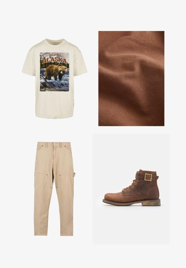 Tela marrón texturizada con una superficie suave, que presenta tejidos sutiles y ligeras ondulaciones, lo que indica flexibilidad y suavidad.; Camiseta de algodón color crema con una impresión gráfica de un oso pardo en el agua, montañas y árboles, con "Alaska" y "La Última Frontera."; Pantalones cargo beige de algodón. Presentan múltiples bolsillos, corte recto, y cierre de botón con detalles de herrajes metálicos.; Harley Davidson VNTGMOTO SHORT RIDING APPROVED - Botines camperos - brown