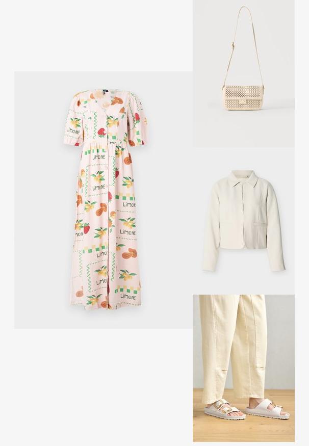 Off-white kurzer Blazer mit langen Ärmeln, einem klassischen Kragen und zwei vorderen Leistentaschen, präsentiert vor einem schlichten hellen Hintergrund.; Maxikleid aus leichtem Stoff in zartem Rosa, mit Fruchtmotiven, Knöpfen vorne und Puffärmeln sowie einer taillierten Passform.; Weiße Sandalen mit zwei Riemen aus weich material, ausgestattet mit goldenen Schnallen und einer strukturierten Sohle. Getragen mit lockeren, cremefarbenen Hosen.; Beige Schultertasche mit gelochtem Blumenmuster, Klappverschluss, rechteckiger Form und verstellbarem Riemen.