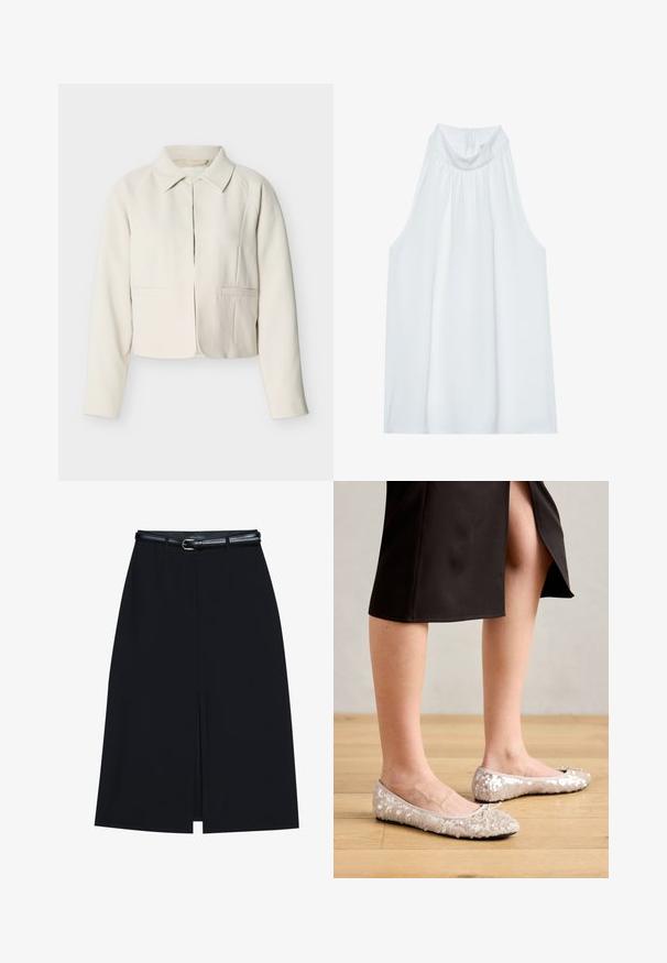 Blazer écru raccourci à manches longues, col classique et deux poches passepoilées à l'avant, présenté sur un fond clair uni.; Haut sans manches blanc avec un col montant, en tissu doux, présentant des détails froncés au niveau du col et une fermeture éclair dissimulée à l'arrière.; Jupe noire à mi-cuisse avec une fente frontale, fabriquée en tissu lisse. Comprend une fine ceinture noire avec une boucle en argent et des passants.; Ballerines en sequins beiges avec un bout rond, ornées d'un accent nœud, associées à une jupe noire, exposées sur un sol en bois.