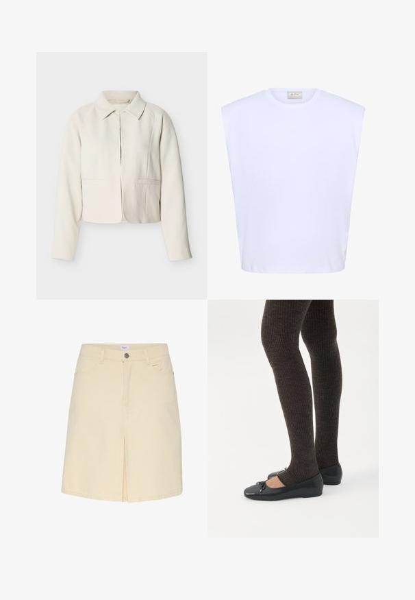Off-white cropped blazer med lange ærmer, en klassisk krave og to forlommer, vist på en ensfarvet lys baggrund.; Hvid ærmeløs top med strukturerede skuldre, rund halsudskæring og subtilt præget logo foran i midten.; Lys beige denimnederdel med slids foran, standard talje og klassisk fem-lommer design. Glat tekstur og minimalistisk stil.; Ben iført mørke ribbede leggings kombineret med sorte balletsko med små sløjfedetaljer på hvid baggrund.