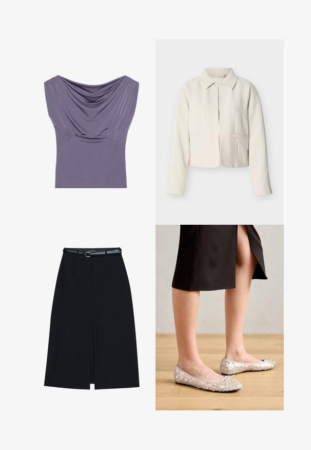 Blazer écru raccourci à manches longues, col classique et deux poches passepoilées à l'avant, présenté sur un fond clair uni.; Haut ajusté violet avec décolleté drapé, manches courtes et texture froncée, fabriqué à partir d'un tissu doux et extensible pour le confort.; Jupe noire à mi-cuisse avec une fente frontale, fabriquée en tissu lisse. Comprend une fine ceinture noire avec une boucle en argent et des passants.; Ballerines en sequins beiges avec un bout rond, ornées d'un accent nœud, associées à une jupe noire, exposées sur un sol en bois.