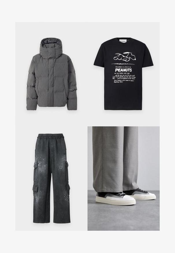 Grijze geïsoleerde pufferjack met een hoge kraag en capuchon. Beschikt over een gestikt ontwerp en zijzakken. Soepele textuur met een matte afwerking.; Zwart T-shirt met een witte schets van Snoopy die ligt en tekst die een nieuwe Peanuts Sunday-strip promoot.; Zwarte cargobroek met een elastische tailleband, zijzakken en een gestructureerde afwerking, met witte spikkels aan de voorkant.; Filling Pieces RIVIERA - Sneakers laag - grey