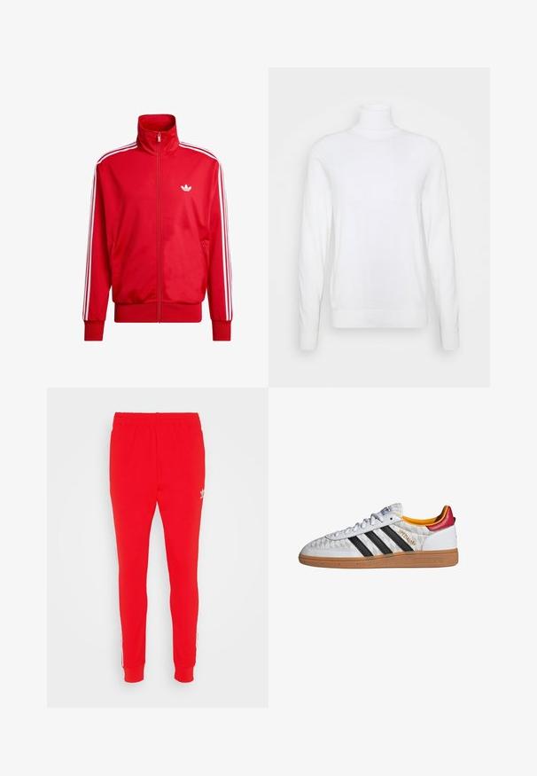 Rode trainingsjas met rits, gemaakt van gladde stof, met witte strepen op de mouwen en een klein wit logo op de borst.; Witte coltrui met lange mouwen, gemaakt van een zachte stof. Heeft een aansluitend ontwerp en geribde manchetten en zoom. Geen patronen of accenten.; Rode sportbroek van een zacht materiaal, met een slim fit, elastische tailleband en witte zijstrepen met logo detail nabij de heup.; Witte Adidas Spezial sneaker met zwarte strepen, gumzool, doorgestikt patroon, rood hielstuk en gele voering, zijaanzicht.