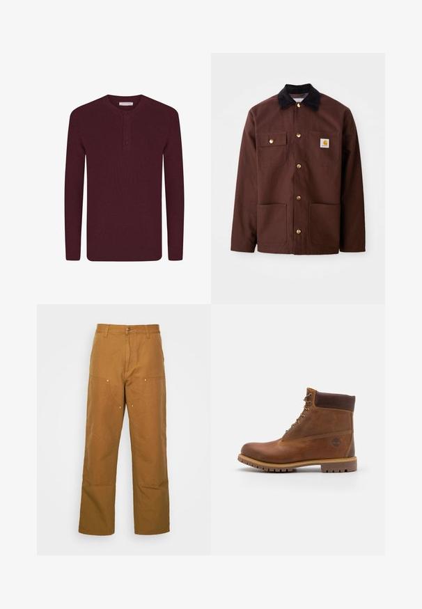 Veste en coton marron avec un col en velours côtelé noir, des boutons dorés, deux poches poitrine et un écusson carré sur la poche gauche.; Pull en tricot côtelé bordeaux avec un col henley, featuring une patte de boutonnage à trois boutons et des manches longues, texture douce et poignets ajustés.; Pantalons utilitaires en coton marron avec une coupe droite, dotés de poches avant et d'accents en métal pour une durabilité accrue.; Botte de randonnée en cuir marron avec une finition lisse, cheville rembourrée, œillets en métal et semelle en caoutchouc dotée d'un motif de crampons robuste.