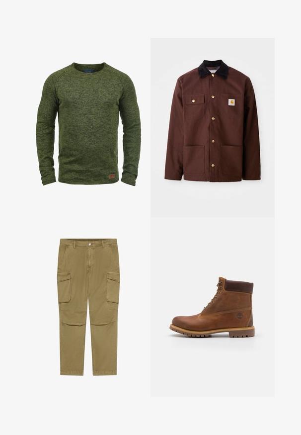 Brun bomuldsjakke med en sort fløjlskrave, gyldne knapper, to brystlommer og et firkantet logo-patch på venstre lomme.; Grøn sweater lavet af struktureret strikstof, med rund hals, lange ærmer og et lille brunt logo-patch på den nederste front.; Khaki cargobukser med knap- og lynlåslukning, der har sidelommer med klap og skrå forlommer.; Brun læder vandrestøvle med en glat finish, polstret ankel, metalliske snørehuller og en gummisål med et robust dækmønster.
