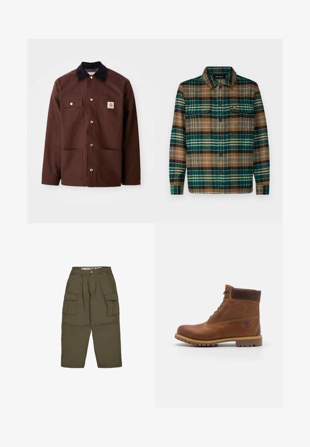 Brun bomuldsjakke med en sort fløjlskrave, gyldne knapper, to brystlommer og et firkantet logo-patch på venstre lomme.; Skjorte i ternet flannel i grøn, brun og sort med knaplukning fortil, to brystlommer og et lille broderet logo på venstre lomme.; Olivengrønne cargobukser med knap- og lynlåslukning, bæltestropper og to store klaplommer på lårene.; Brun læder vandrestøvle med en glat finish, polstret ankel, metalliske snørehuller og en gummisål med et robust dækmønster.
