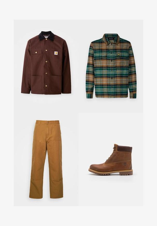 Bruine katoenen jas met een zwarte corduroy kraag, gouden knopen, twee borstzakken en een vierkante logo patch op de linkerzak.; Geruite flanellen overhemd in groen, bruin en zwart met een knoopsluiting aan de voorkant, twee borstzakken en een klein geborduurd logo op de linker zak.; Bruine katoenen utility broeken met een rechte pijpdesign, voorzien van voorzakken en metalen hardware accenten voor extra duurzaamheid.; Bruine leren wandelschoen met een gladde afwerking, gevoerde enkel, metalen oogjes en een rubberen zool met een robuust profiel.