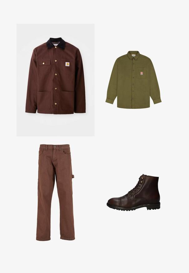Bruine katoenen jas met een zwarte corduroy kraag, gouden knopen, twee borstzakken en een vierkante logo patch op de linkerzak.; Wrangler LOOSE FIT - Overhemd - beech; Bruine cargobroek van stevig materiaal, met een recht pasvorm, voorzakken en een zijzak met een klep.; Donkergrote leren veterschoenen tot de enkels met een robuuste rubberen zool en metalen veters, gezien vanuit de buitenzijde.