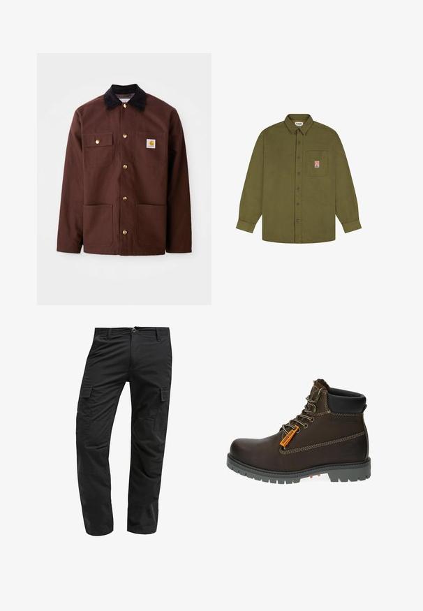 Bruine katoenen jas met een zwarte corduroy kraag, gouden knopen, twee borstzakken en een vierkante logo patch op de linkerzak.; Wrangler LOOSE FIT - Overhemd - beech; Zwarte cargobroek met een rechte snit, gemaakt van duurzaam materiaal, met meerdere zijzakken en een knoopsluiting bij de taille.; Bruine leren enkellaars met een grijze rubberen zool, oranje accentlabel en metalen oogjes. Kenmerken zijn contrasterende stiksels en een gevoerd kraagje.