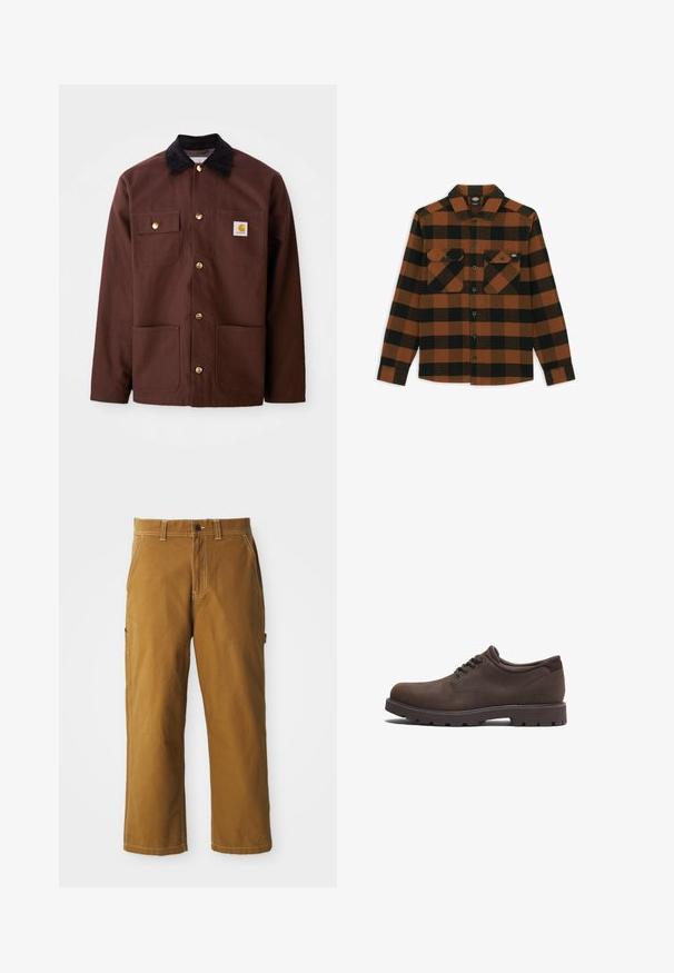 Chaqueta de algodón marrón con un cuello de pana negro, botones dorados, dos bolsillos en el pecho y un parche cuadrado con el logo en el bolsillo izquierdo.; Camisa de manga larga en un patrón de cuadros naranja y negro, hecha de una tela texturizada. Presenta dos bolsillos en el pecho y cierre frontal con botones.; Pantalones de algodón marrón con corte recto, costuras reforzadas y bolsillos laterales. Cuenta con un cierre de botón y trabillas para cinturón en la cintura.; Zapatos de cuero marrón con puntera redondeada y diseño de cordones. Presentan una superficie texturizada y una suela de goma de alta tracción. Logo sutil en el lado.