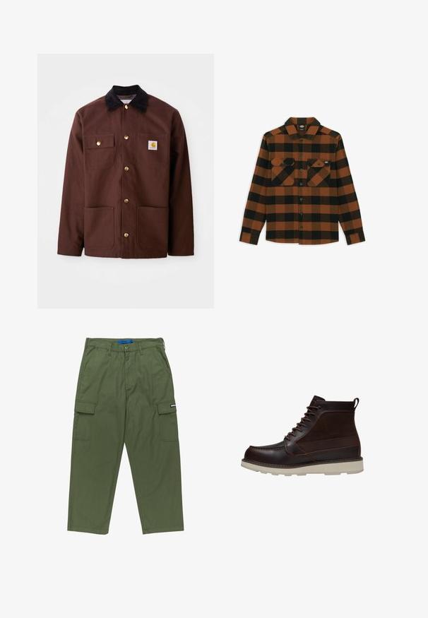 Braune Baumwolljacke mit einem schwarzen Cordkragen, goldenen Knöpfen, zwei Brusttaschen und einem quadratischen Logopatch auf der linken Tasche.; Langärmliges Hemd im orange-schwarz karierten Muster, aus einem strukturierten Stoff gefertigt. Verfügt über zwei Brusttaschen und eine geknöpfte Vorderseite.; Grüne Cargo-Hosen mit geradem Schnitt, mehreren Seitentaschen und einem Reißverschluss. Hergestellt aus strapazierfähigem Baumwollstoff. Mit Markenlabel.; Dunkelbrauner Lederknöchelstiefel mit Schnürung vorne, hellbeiger dicker Sohle und Zuglasche hinten, auf weißem Hintergrund gezeigt.