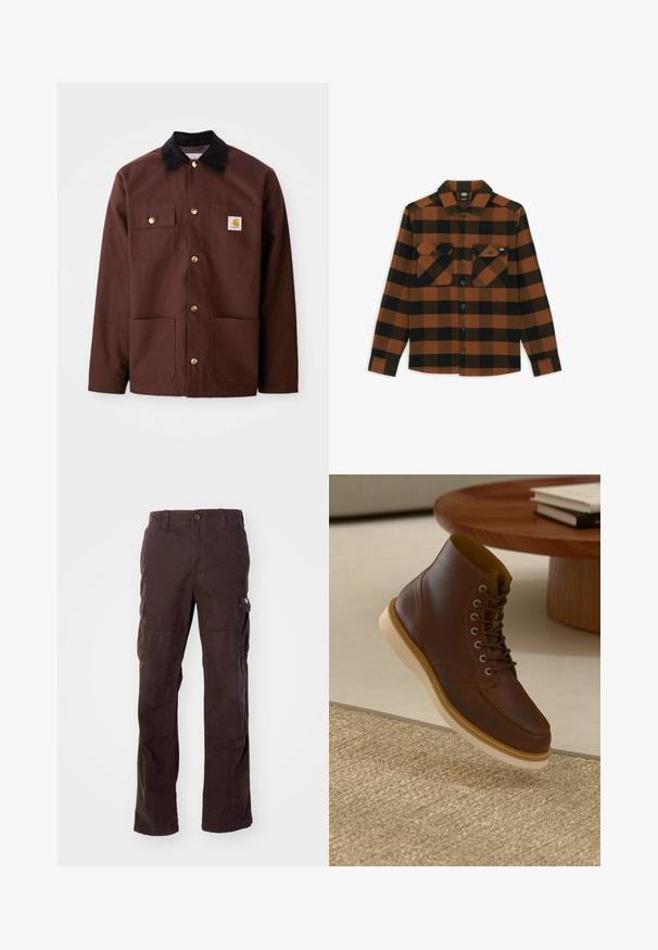 Braune Baumwolljacke mit einem schwarzen Cordkragen, goldenen Knöpfen, zwei Brusttaschen und einem quadratischen Logopatch auf der linken Tasche.; Langärmliges Hemd im orange-schwarz karierten Muster, aus einem strukturierten Stoff gefertigt. Verfügt über zwei Brusttaschen und eine geknöpfte Vorderseite.; Braune Cargo-Hose aus robustem Baumwollstoff, mit seitlichen Taschen, einer lässigen Passform und geraden Beinen mit sichtbaren Nähten.; Braune Leder-Ankle-Boots mit beiger Sohle auf einem strukturierten beigen Teppich neben einem runden Holztisch mit gestapelten Büchern.