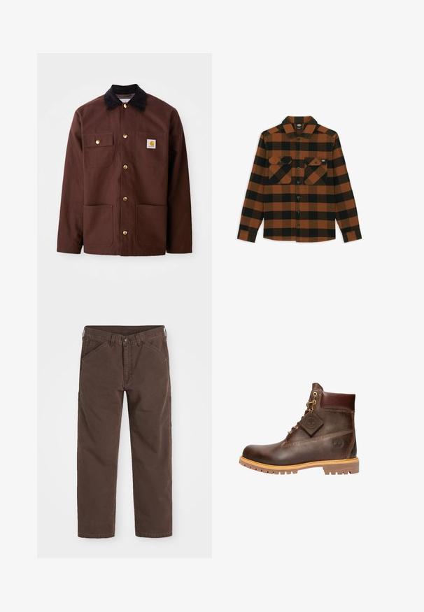 Bruine katoenen jas met een zwarte corduroy kraag, gouden knopen, twee borstzakken en een vierkante logo patch op de linkerzak.; Langarmshirt in een oranje en zwart geruit patroon, gemaakt van een gestructureerde stof. Heeft twee borstzakken en een knoopsluiting aan de voorkant.; Bruine rechte broek met voor- en zijkiezen, knoopsluiting en riemlussen, plat gelegd op een witte achtergrond.; Bruine leren enkelboot met een ronde neus, stevige zool, hardware in goudkleur en een gestructureerde bovenkant. Inclusief een merklabel dat is bevestigd.