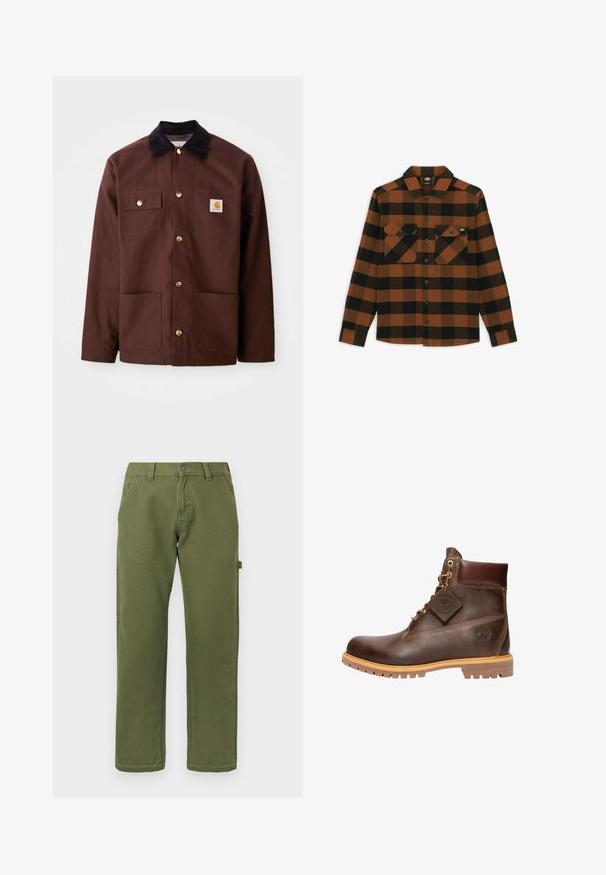 Bruine katoenen jas met een zwarte corduroy kraag, gouden knopen, twee borstzakken en een vierkante logo patch op de linkerzak.; Langarmshirt in een oranje en zwart geruit patroon, gemaakt van een gestructureerde stof. Heeft twee borstzakken en een knoopsluiting aan de voorkant.; Rechstreekse olijfgroene broek met voorzakken, riemlussen, knoopsluiting en een zijlus voor hulpmiddelen op een effen achtergrond.; Bruine leren enkelboot met een ronde neus, stevige zool, hardware in goudkleur en een gestructureerde bovenkant. Inclusief een merklabel dat is bevestigd.