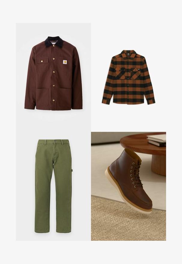 Braune Baumwolljacke mit einem schwarzen Cordkragen, goldenen Knöpfen, zwei Brusttaschen und einem quadratischen Logopatch auf der linken Tasche.; Langärmliges Hemd im orange-schwarz karierten Muster, aus einem strukturierten Stoff gefertigt. Verfügt über zwei Brusttaschen und eine geknöpfte Vorderseite.; Gerade geschnittene olivgrüne Hose mit Vordertaschen, Gürtelschlaufen, Knopfverschluss und einer seitlichen Werkzeugschlaufe auf einfarbigem Hintergrund.; Braune Leder-Ankle-Boots mit beiger Sohle auf einem strukturierten beigen Teppich neben einem runden Holztisch mit gestapelten Büchern.