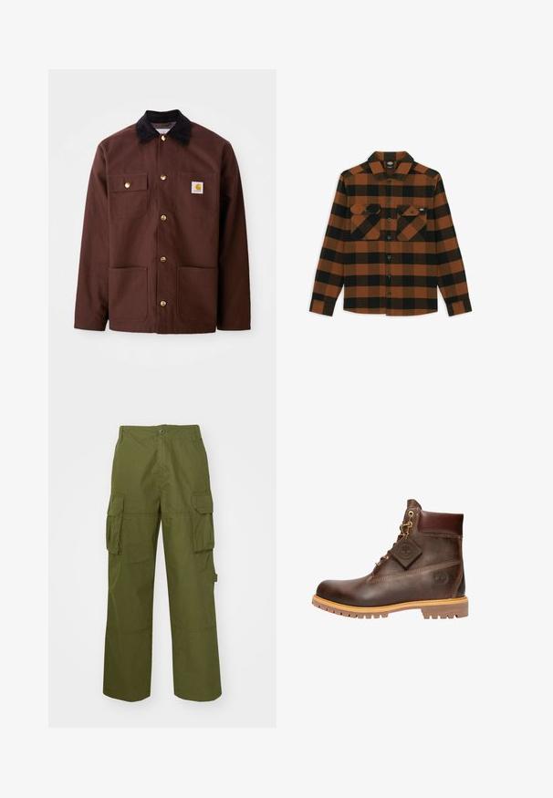 Veste en coton marron avec un col en velours côtelé noir, des boutons dorés, deux poches poitrine et un écusson carré sur la poche gauche.; Chemise à manches longues en motif écossais orange et noir, fabriquée dans un tissu texturé. Comprend deux poches poitrine et une fermeture à boutons.; Pantalons cargo vert olive en tissu résistant, avec deux poches latérales, une coupe décontractée et une fermeture à boutons à la taille.; Bottine en cuir marron avec un bout rond, une semelle robuste, des éléments en doré et un dessus texturé. Comprend une étiquette de logo attachée.