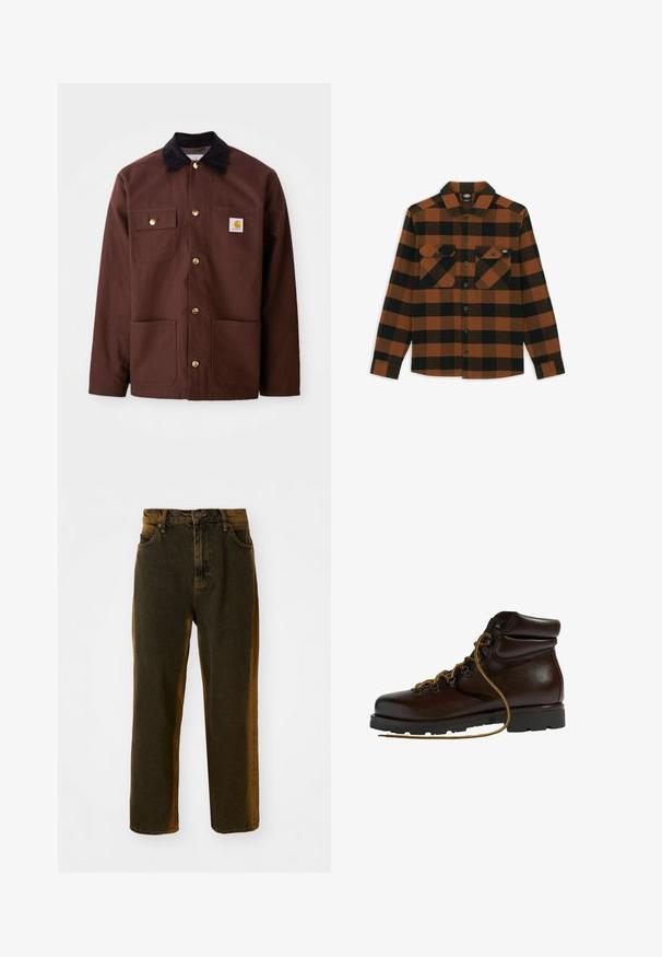 Braune Baumwolljacke mit einem schwarzen Cordkragen, goldenen Knöpfen, zwei Brusttaschen und einem quadratischen Logopatch auf der linken Tasche.; Langärmliges Hemd im orange-schwarz karierten Muster, aus einem strukturierten Stoff gefertigt. Verfügt über zwei Brusttaschen und eine geknöpfte Vorderseite.; Dunkelbraune gerade geschnittene Denim-Jeans mit Vorderknopf und Reißverschluss, Gürtelschlaufen sowie vorderen und hinteren Taschen.; Brauner Leder-Wanderschuh mit abgerundetem Zeh, strukturierten Oberflächen, gelben Schnürsenkeln und Metallösen. Enthält eine robuste schwarze Gummisohle.