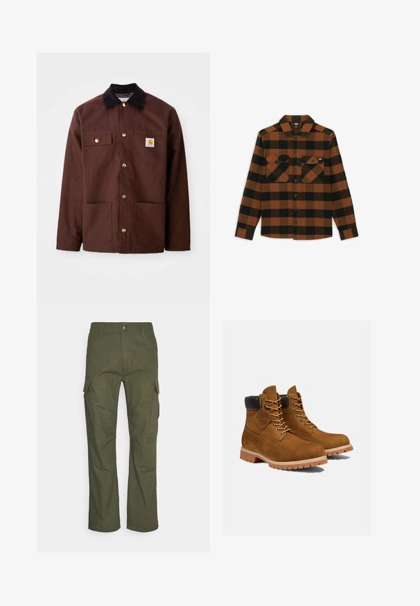 Bruine katoenen jas met een zwarte corduroy kraag, gouden knopen, twee borstzakken en een vierkante logo patch op de linkerzak.; Langarmshirt in een oranje en zwart geruit patroon, gemaakt van een gestructureerde stof. Heeft twee borstzakken en een knoopsluiting aan de voorkant.; Cargo-broek in donkergroen olijf, met meerdere zijzakken, een rechte pasvorm en een duurzame stof met een gestructureerde afwerking.; Bruine suède enkellaarsjes met een gevoerde zwarte kraag, gouden oogjes en een dikke rubberen zool met een profielpatroon voor grip.