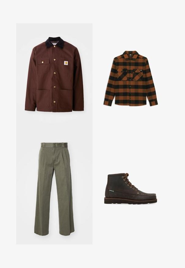 Chaqueta de algodón marrón con un cuello de pana negro, botones dorados, dos bolsillos en el pecho y un parche cuadrado con el logo en el bolsillo izquierdo.; Camisa de manga larga en un patrón de cuadros naranja y negro, hecha de una tela texturizada. Presenta dos bolsillos en el pecho y cierre frontal con botones.; Pantalones verde oliva con un diseño ancho y suelto de pierna ancha con pliegues delanteros. Confeccionados en un tejido texturizado, con una cinturilla estándar y sin elementos metálicos visibles.; Sebago Botines con cordones - marrone