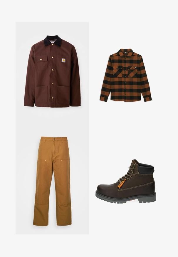 Braune Baumwolljacke mit einem schwarzen Cordkragen, goldenen Knöpfen, zwei Brusttaschen und einem quadratischen Logopatch auf der linken Tasche.; Langärmliges Hemd im orange-schwarz karierten Muster, aus einem strukturierten Stoff gefertigt. Verfügt über zwei Brusttaschen und eine geknöpfte Vorderseite.; Braune Baumwoll-Arbeitshosen mit geradem Bein, die über Vordertaschen und Metallakzente für zusätzliche Strapazierfähigkeit verfügen.; Braune Leder-Stiefelette mit grauem Gummisohle, orangefarbenem Akzent-Label und metallischen Ösen. Verfügt über Kontrastnähte und gepolsterte Schuhkragen.