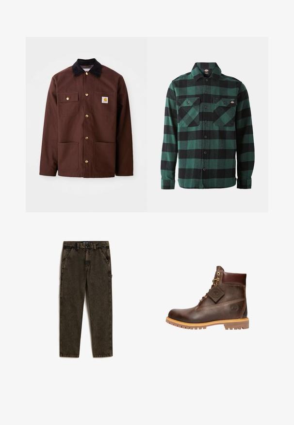 Bruine katoenen jas met een zwarte corduroy kraag, gouden knopen, twee borstzakken en een vierkante logo patch op de linkerzak.; Groene en zwarte geruite flanellen overhemd met lange mouwen, knoopsluiting aan de voorkant, twee borstzakken en een klassieke kraag. Zachte textuur, veelzijdig ontwerp.; Vans DRILL CHORE CARPENTER ACID WASH - Straight leg jeans - olive; Bruine leren enkelboot met een ronde neus, stevige zool, hardware in goudkleur en een gestructureerde bovenkant. Inclusief een merklabel dat is bevestigd.