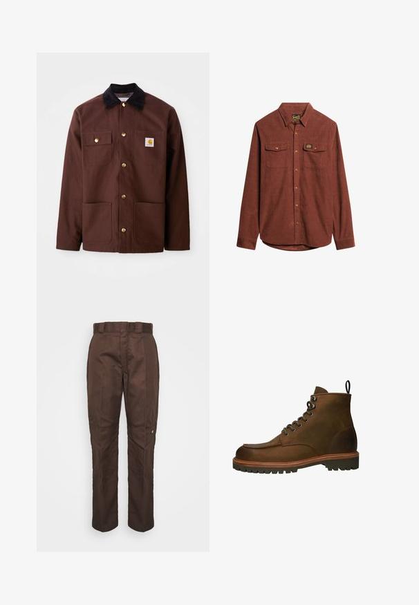 Bruine katoenen jas met een zwarte corduroy kraag, gouden knopen, twee borstzakken en een vierkante logo patch op de linkerzak.; Bruine corduroy blouse met lange mouwen, knoopsluiting aan de voorkant, twee borstzakken en een gebrandmerkte patch op de linkerborstzak. Gladde textuur.; Bruine, recht lopende broek met een gladde textuur. Heeft een riemlus, zijnaad en een klein merklogo op het linkerbeen.; Bruine leren enkellaarzen met een ronde neus, metalen oogjes en een robuuste rubberen zool. Inclusief een trekband voor gemakkelijk aan- en uittrekken.