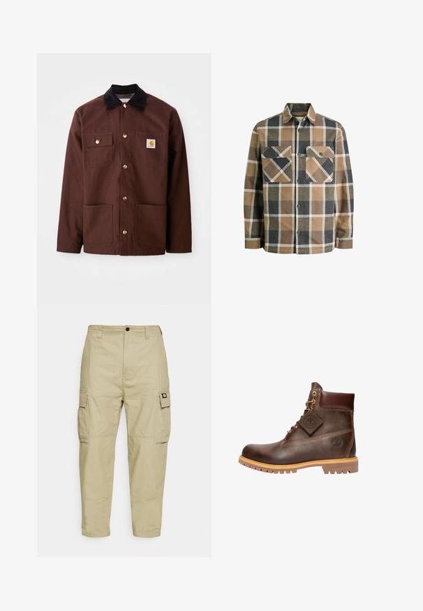 Brun bomuldsjakke med en sort fløjlskrave, gyldne knapper, to brystlommer og et firkantet logo-patch på venstre lomme.; Ternet flannel skjorte med brune, beige og sorte mønstre. Har to brystlommer, knaplukning foran og en klassisk krave.; Beige cargo bukser lavet af slidstærkt stof, med to sidelommer, knaplukning og smalle ben med en glat overflade.; Brun læder ankelstøvle med rund tå, solid sål, hardware i guldtone og en tekstureret overdel. Inkluderer et logo-tagfæstet.