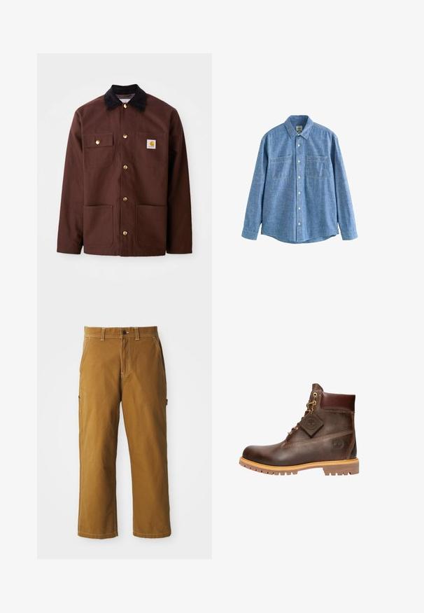 Brun bomuldsjakke med en sort fløjlskrave, gyldne knapper, to brystlommer og et firkantet logo-patch på venstre lomme.; Langærmet blå chambray-skjorte med knaplukning foran og to brystlommer, lagt fladt på en hvid baggrund.; Brune bomuldsbukser med lige pasform, forstærkede sømme og sidelommer. Har en knaplukning og bæltestropper i taljen.; Brun læderankelstøvle med polstret krave, snørelukning foran, robust sål og Timberland-logo synligt på siden og påhæftet mærke.
