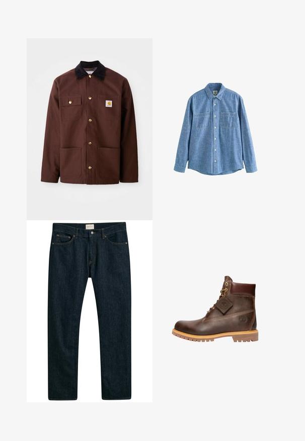 Braune Baumwolljacke mit einem schwarzen Cordkragen, goldenen Knöpfen, zwei Brusttaschen und einem quadratischen Logopatch auf der linken Tasche.; Langärmliges blaues Chambray-Hemd mit Knopfleiste und zwei Brusttaschen, flach auf weißem Hintergrund liegend.; Dunkelblaue Denims mit geradem Bein, fünf Taschen-Stil und Kontrastnähten an den Nähten. Glatte Stofftextur.; Braune Leder-Ankelstiefel mit runder Zehenpartie, robuster Sohle, goldfarbener Hardware und strukturiertem Obermaterial. Enthält ein angehängtes Logo-Tag.