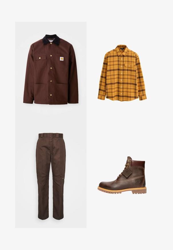 Braune Baumwolljacke mit einem schwarzen Cordkragen, goldenen Knöpfen, zwei Brusttaschen und einem quadratischen Logopatch auf der linken Tasche.; Langärmliges Hemd mit Knopf in senfgelb und braunem Karomuster, mit einem spitzen Kragen und einer Brusttasche auf weißem Hintergrund.; Braune, gerade geschnittene Hose mit glatter Textur. Verfügt über einen Gürtelschlaufen, Seitennähte und ein kleines Markenlogo am linken Bein.; Braune Leder-Ankelstiefel mit runder Zehenpartie, robuster Sohle, goldfarbener Hardware und strukturiertem Obermaterial. Enthält ein angehängtes Logo-Tag.