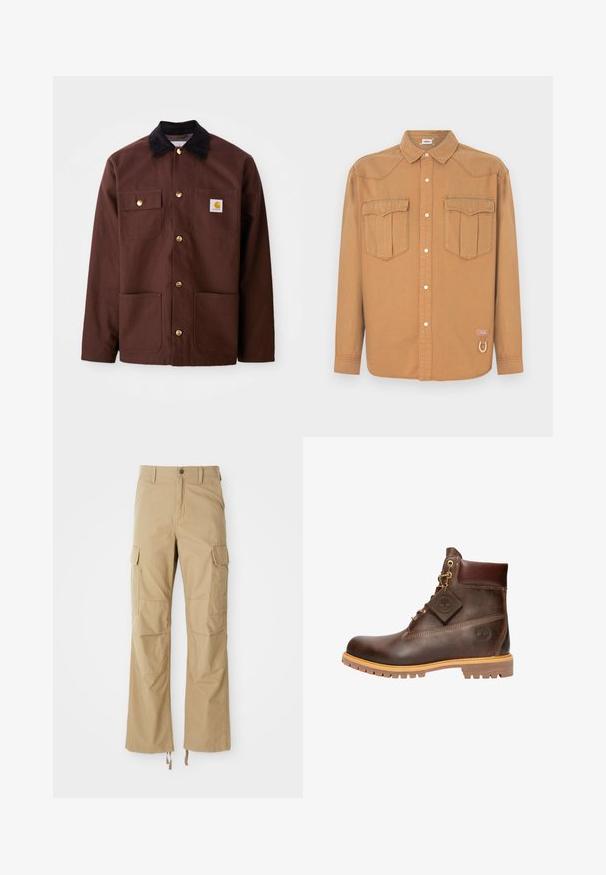 Veste en coton marron avec un col en velours côtelé noir, des boutons dorés, deux poches poitrine et un écusson carré sur la poche gauche.; Chemise en denim marron avec deux poches poitrine, col pointu, devant boutonné et coutures contrastées. Présente un patch logo et un détail boucle.; Pantalons cargo kaki en tissu durable, dotés de plusieurs poches latérales, d'une coupe droite et de cordons de serrage réglables à l'ourlet.; Bottine marron en cuir avec col rembourré, laçage frontal, semelle robuste, et logo Timberland visible sur le côté et sur l'étiquette attachée.