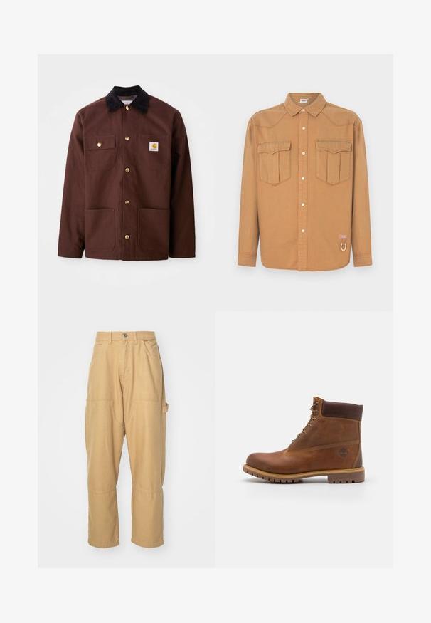 Veste en coton marron avec un col en velours côtelé noir, des boutons dorés, deux poches poitrine et un écusson carré sur la poche gauche.; Chemise en denim marron avec deux poches poitrine, col pointu, devant boutonné et coutures contrastées. Présente un patch logo et un détail boucle.; Pantalons cargo beiges en tissu mélangé de coton. Dotés de plusieurs poches, de jambes droites et d'une fermeture à bouton à la taille.; Botte de randonnée en cuir marron avec une finition lisse, cheville rembourrée, œillets en métal et semelle en caoutchouc dotée d'un motif de crampons robuste.