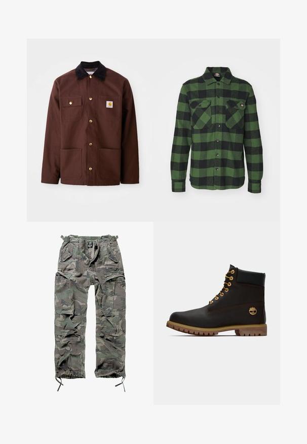 Chaqueta de algodón marrón con un cuello de pana negro, botones dorados, dos bolsillos en el pecho y un parche cuadrado con el logo en el bolsillo izquierdo.; Camisa de franela a cuadros verde y negra con dos bolsillos en el pecho, cierre de botones, mangas largas y cuello puntiagudo. Textura suave.; Pantalones cargo camuflados en verde y gris, con múltiples bolsillos, cintura elástica, puños de tobillo ajustables y un corte relajado.; Bota de cuero negro de tobillo con ojales dorados, acentos marrones y suela de goma. Presenta un cuello acolchado y un logotipo en relieve en el costado.
