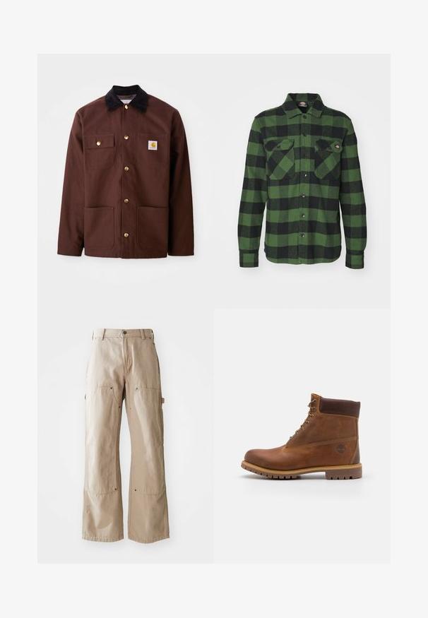 Chaqueta de algodón marrón con un cuello de pana negro, botones dorados, dos bolsillos en el pecho y un parche cuadrado con el logo en el bolsillo izquierdo.; Camisa de franela a cuadros verde y negra con dos bolsillos en el pecho, cierre de botones, mangas largas y cuello puntiagudo. Textura suave.; Pantalones de pierna ancha beige, confeccionados en un resistente tejido de algodón. Cuenta con bolsillos delanteros y laterales, costuras visibles y acentos de metal en los bolsillos.; Botas de senderismo de cuero marrón con un acabado suave, tobillo acolchado, ojales de metal y suela de goma con un patrón de tracción robusto.