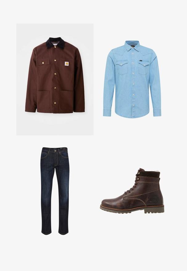 Brun bomuldsjakke med en sort fløjlskrave, gyldne knapper, to brystlommer og et firkantet logo-patch på venstre lomme.; Lyseblå denimskjorte med lange ærmer, knaplukning, to brystlommer med knapper, spids krave og lille Lee-logo på venstre lomme.; Mørkeblå denimjeans med lige ben, fem lommer, gyldne stikninger og en glat tekstur. Knaplukning ved taljen.; Brune læder ankelstøvler med en tekstureret finish, rund tå, snørebåndsdesign og kontrasterende mørkebrunt ruskindskrave; gummisål med godt greb.