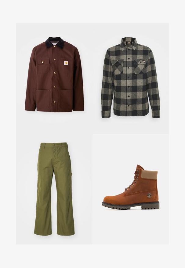 Braune Baumwolljacke mit einem schwarzen Cordkragen, goldenen Knöpfen, zwei Brusttaschen und einem quadratischen Logopatch auf der linken Tasche.; Schwarzes und graues kariertes Flanellhemd mit langen Ärmeln, Knopfverschluss vorne, zwei Brusttaschen und einem leicht abgerundeten Saum. Strukturiert. ; Olivgrüne, weite Hosen aus strapazierfähigem Material, mit Knopfverschluss, seitlichen Taschen und einem geraden Saumdesign.; Timberland Schnürstiefelette - medium orange