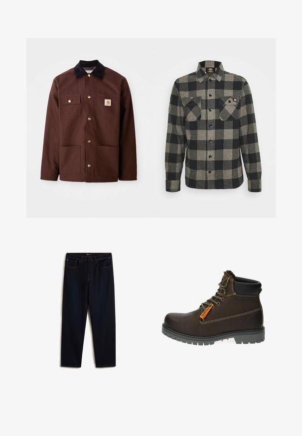 Brun bomuldsjakke med en sort fløjlskrave, gyldne knapper, to brystlommer og et firkantet logo-patch på venstre lomme.; Sort og gråternet flannel skjorte med lange ærmer, knaplukning foran, to brystlommer og en let bøjet kant. Struktureret stof.; Vans Jeans Relaxed Fit - dark blue; Brun læder ankelstøvle med grå gummisål, orange accentmærke og metaløjer. Har kontraststikning og polstret krave.