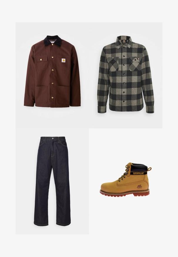 Bruine katoenen jas met een zwarte corduroy kraag, gouden knopen, twee borstzakken en een vierkante logo patch op de linkerzak.; Zwart en grijs geblokt flanellen shirt met lange mouwen, knoopsluiting aan de voorkant, twee borstzakken en een licht gebogen zoom. Gegarneerde stof.; Donkerblauwe rechte spijkerbroek met gele stiksels, voorknop, ritssluiting en vijf pocket ontwerp.; Tan leren werklaars met zwarte kraag, stalen neuzen, bruine rubberen zool, oranje accenten en logo-detail aan de zijkant.