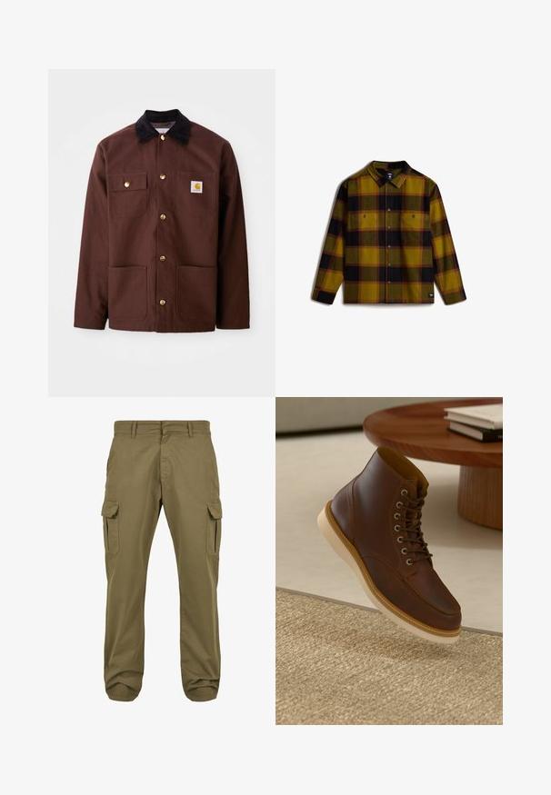 Brun bomuldsjakke med en sort fløjlskrave, gyldne knapper, to brystlommer og et firkantet logo-patch på venstre lomme.; Flannelskjorte med tern i gul, grøn, sort og rød. Har to brystlommer, knaplukning foran og krave. Blød tekstur.; Grønne cargo bukser med lige pasform, lavet af bomuld, med sidelommer og knaplukning for funktionalitet. Glat tekstur, afslappet design.; Brune læderankelstøvle med beige sål på et struktureret beige tæppe ved siden af et rundt træbord med stakke af bøger.