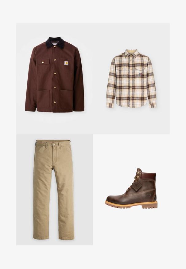 Bruine katoenen jas met een zwarte corduroy kraag, gouden knopen, twee borstzakken en een vierkante logo patch op de linkerzak.; Beige en bruin geruit overhemd met lange mouwen, knopen, twee borstzakken en een klein rechthoekig logo op de linkerzak.; Kaki katoenen broek met een rechte pijp, voorzakken en een knoopsluiting. Glad textuur en verstevigde naden voor duurzaamheid.; Bruine leren enkelboot met een ronde neus, stevige zool, hardware in goudkleur en een gestructureerde bovenkant. Inclusief een merklabel dat is bevestigd.