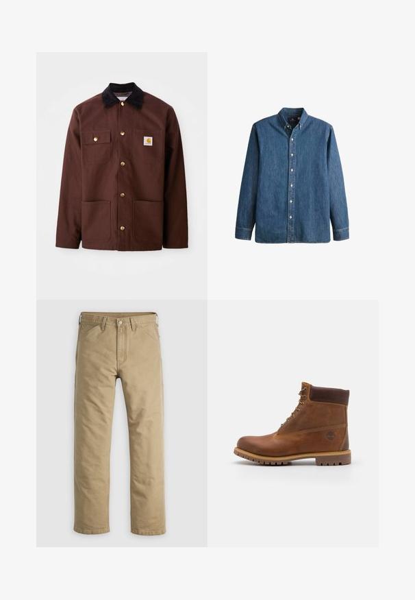 Brun bomuldsjakke med en sort fløjlskrave, gyldne knapper, to brystlommer og et firkantet logo-patch på venstre lomme.; Denim button-up skjorte i mellemblå, med lange ærmer, spidse kraver, hvide knapper og en tætsiddende pasform med diskret logo broderi.; Khakifarvede bomuldssbukser med lige ben, forlommer og knaplukning. Glat tekstur og forstærkede sømme for holdbarhed.; Brun læder vandrestøvle med en glat finish, polstret ankel, metalliske snørehuller og en gummisål med et robust dækmønster.