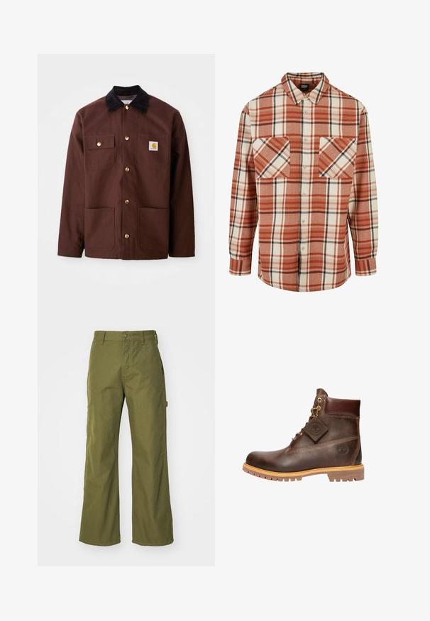 Bruine katoenen jas met een zwarte corduroy kraag, gouden knopen, twee borstzakken en een vierkante logo patch op de linkerzak.; Geruite shirt in oranje en crème, met zwarte accenten. Gemaakt van gestructureerde stof met een kraag en twee borstzakken.; Olijfgroene wijde broek van duurzaam materiaal, met een knoopsluiting, zijzakken en een rechte zoom.; Bruine leren enkelboot met een ronde neus, stevige zool, hardware in goudkleur en een gestructureerde bovenkant. Inclusief een merklabel dat is bevestigd.