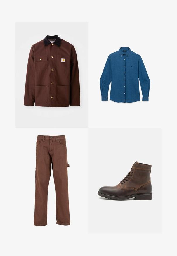 Braune Baumwolljacke mit einem schwarzen Cordkragen, goldenen Knöpfen, zwei Brusttaschen und einem quadratischen Logopatch auf der linken Tasche.; Blaues Jeanshemd mit langen Ärmeln, durchgehender Knopfleiste, spitzem Kragen und kleinem, gesticktem Logo auf der linken Brust.; Braune Cargo-Hose aus robustem Stoff, mit geradem Bein, Fronttaschen und einer Seitentasche mit Klappe.; Jack & Jones JFWDELANEY BOOT - Schnürstiefelette - cognac