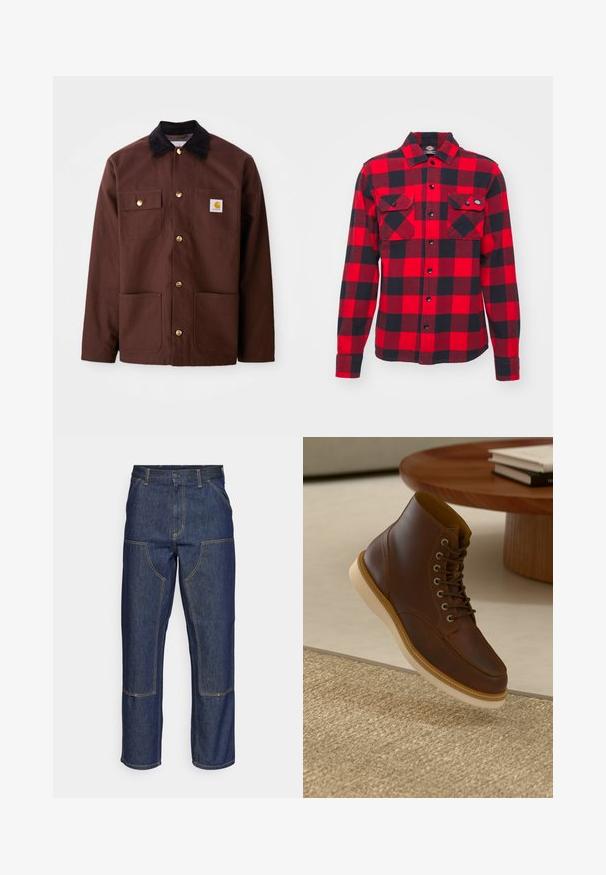 Bruine katoenen jas met een zwarte corduroy kraag, gouden knopen, twee borstzakken en een vierkante logo patch op de linkerzak.; Rood en zwart geruite flanellen shirt met lange mouwen, twee borstzakken en knoopsluiting, met een klassieke kraag en gestructureerde stof.; Donkerblauwe denim jeans met een hoge taille, rechte pijpen, contrasterende stiksels en opgestikte zakken aan de voorkant.; Bruine leren enkelboot met beige zool op een gestructureerd beige vloerkleed naast een ronde houten tafel met opgestapelde boeken.