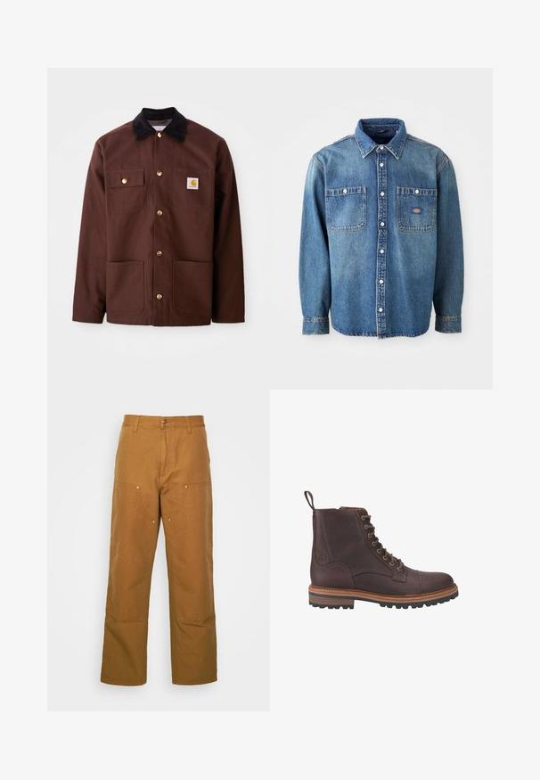 Bruine katoenen jas met een zwarte corduroy kraag, gouden knopen, twee borstzakken en een vierkante logo patch op de linkerzak.; Denim overhemd in medium blauw, met een puntige kraag, twee borstzakken en zilveren knopen. Lange mouwen met knoopmanchetten.; Bruine katoenen utility broeken met een rechte pijpdesign, voorzien van voorzakken en metalen hardware accenten voor extra duurzaamheid.; Bruine leren veterschoenen tot boven de enkel met een gestructureerde afwerking, contrasterende beige zolen en metalen veteroogjes. Voorzien van een trekkoordje voor gemakkelijk aan- en uittrekken.