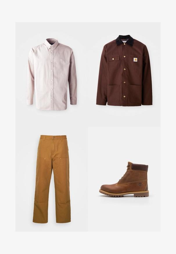 Veste en coton marron avec un col en velours côtelé noir, des boutons dorés, deux poches poitrine et un écusson carré sur la poche gauche.; Chemise à manches longues rose clair à boutons, en coton, dotée d'un col classique, de boutons sur le devant et d'un petit logo sur la poitrine gauche.; Pantalons utilitaires en coton marron avec une coupe droite, dotés de poches avant et d'accents en métal pour une durabilité accrue.; Botte de randonnée en cuir marron avec une finition lisse, cheville rembourrée, œillets en métal et semelle en caoutchouc dotée d'un motif de crampons robuste.