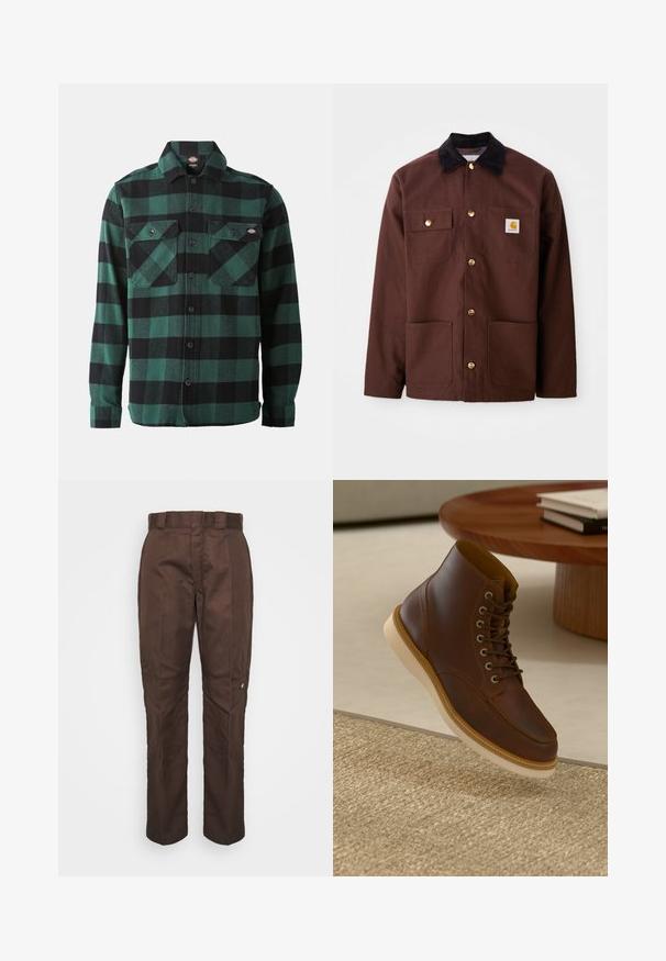 Braune Baumwolljacke mit einem schwarzen Cordkragen, goldenen Knöpfen, zwei Brusttaschen und einem quadratischen Logopatch auf der linken Tasche.; Grün-schwarz kariertes Flanellhemd mit langen Ärmeln, Knopfverschluss vorne, zwei Brusttaschen und einem klassischen Kragen. Weiche Textur, vielseitiges Design.; Braune, gerade geschnittene Hose mit glatter Textur. Verfügt über einen Gürtelschlaufen, Seitennähte und ein kleines Markenlogo am linken Bein.; Braune Leder-Ankle-Boots mit beiger Sohle auf einem strukturierten beigen Teppich neben einem runden Holztisch mit gestapelten Büchern.
