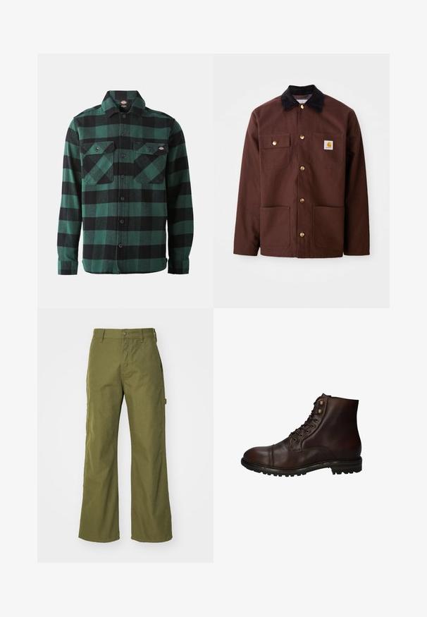 Bruine katoenen jas met een zwarte corduroy kraag, gouden knopen, twee borstzakken en een vierkante logo patch op de linkerzak.; Groene en zwarte geruite flanellen overhemd met lange mouwen, knoopsluiting aan de voorkant, twee borstzakken en een klassieke kraag. Zachte textuur, veelzijdig ontwerp.; Olijfgroene wijde broek van duurzaam materiaal, met een knoopsluiting, zijzakken en een rechte zoom.; Donkergrote leren veterschoenen tot de enkels met een robuuste rubberen zool en metalen veters, gezien vanuit de buitenzijde.