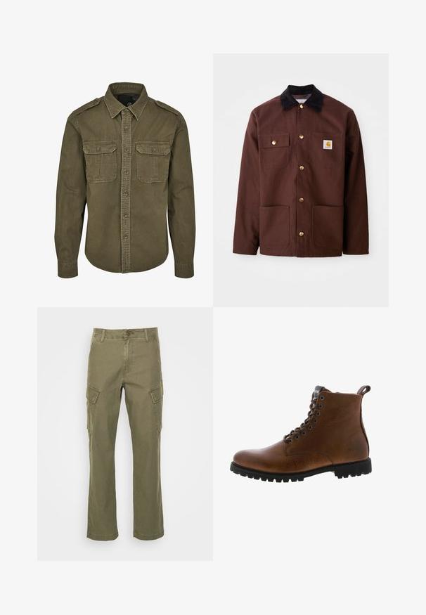 Chaqueta de algodón marrón con un cuello de pana negro, botones dorados, dos bolsillos en el pecho y un parche cuadrado con el logo en el bolsillo izquierdo.; Camisa verde oliva de botones hecha de algodón. Cuenta con un cuello, dos bolsillos en el pecho con solapas y hombros estructurados con costuras visibles.; Pantalones cargo verde oliva fabricados en algodón. Incluyen dos bolsillos laterales y un diseño de pierna recta. Textura suave con costuras visibles.; Botas de cuero marrón hasta el tobillo con acabado texturizado, ojales de metal y suela de goma negra con protuberancias. Presenta una lengüeta en la parte posterior para facilitar su uso.